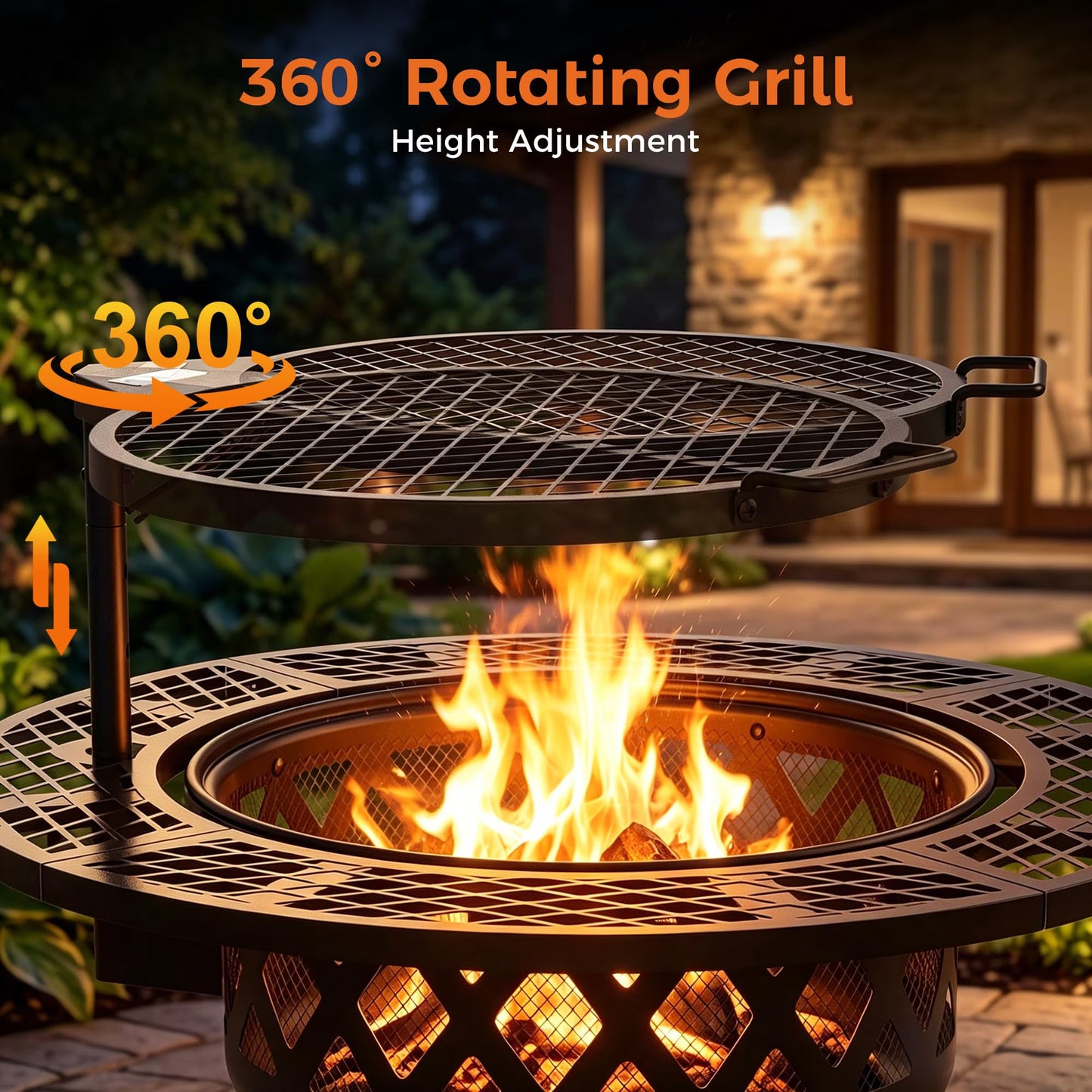 32 Inch Fire Pit with Poker, Wood Burning Fire Pit Patio for outside with Grill