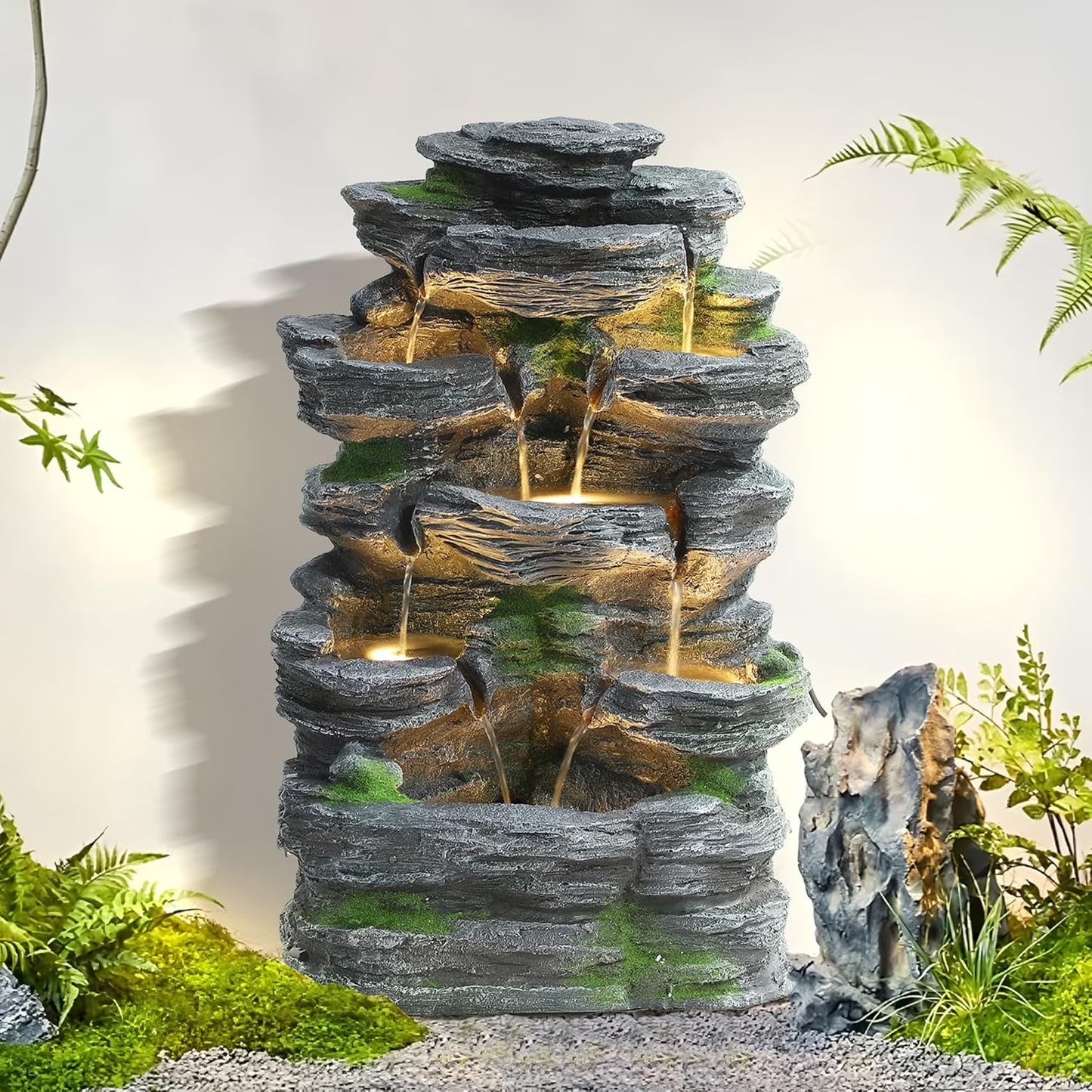 7 Tier Cascading Rock Outdoor Water Fountain, Garden Freestanding Rockery Natural Waterfall Fountains Outdoor with LED Light, Soothing Tranquility Fountains for Home Garden Yard, 24"H