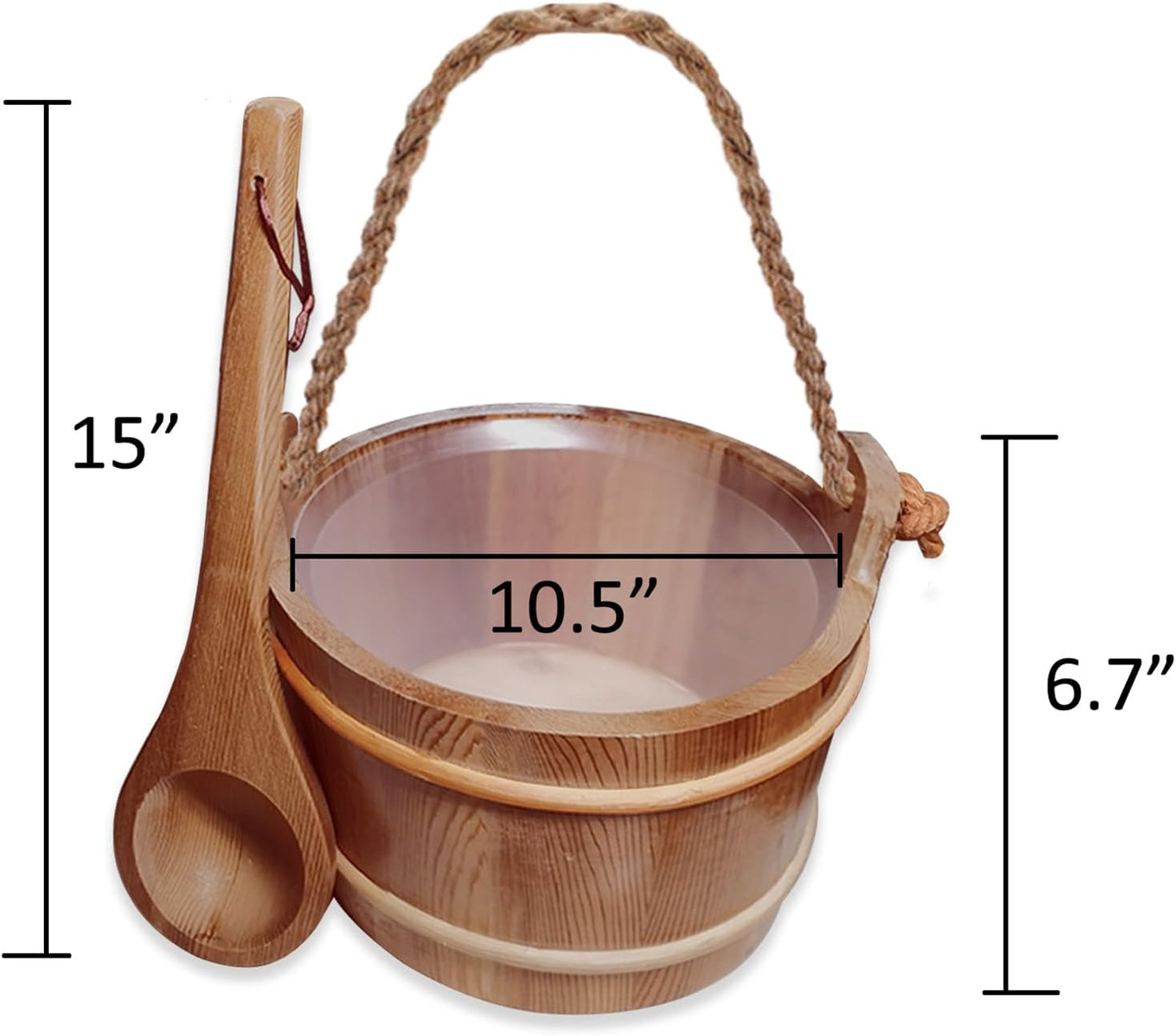 Red Cedar Large Sauna Bucket with Ladle, with Sauna Hat and Seat Pad, Sauna Wooden Water Bucket 6L (1.6 Gallons) with Plastic Liner for Sauna Room Sauna Heater Sauna Accessory