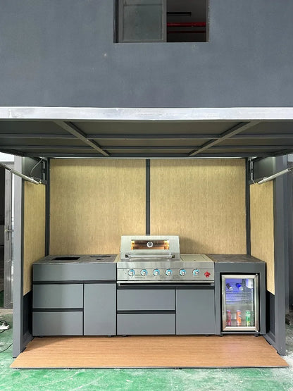 Customized Weatherproof Outdoor Kitchen Set BBQ Grills with Shed Stainless Steel Cabinets & Luxury Aluminum for Patio