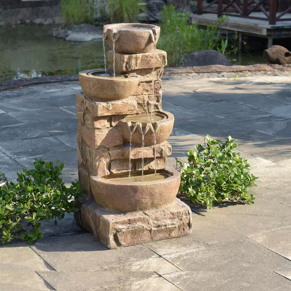 33 In. Outdoor Bowls and Stacked Stones Cascade Fountain with LED Light, Adjustable Flow and Electric Pump in Brown
