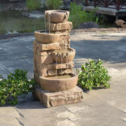 33 In. Outdoor Bowls and Stacked Stones Cascade Fountain with LED Light, Adjustable Flow and Electric Pump in Brown