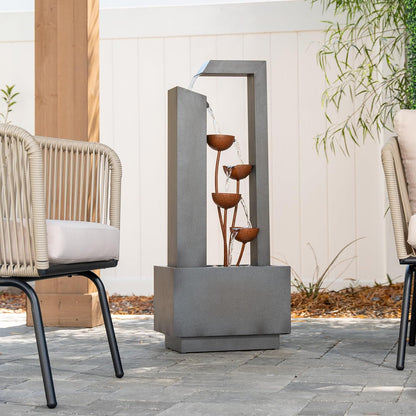38" Tall Gray and Bronze Metal Sculptural Flower Multi-Tier Freestanding Water Fountain for Indoor & Outdoor Use, Decorative Garden Patio Backyard Water Feature
