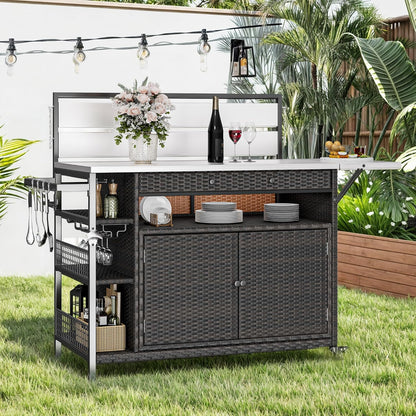 XL Outdoor Bar Table & Storage Cabinet, Wheels and Stainless Steel Extended Table Top, Patio Bar Table with Side Handle for Patio Kitchen or Bar Cart, Dark Brown