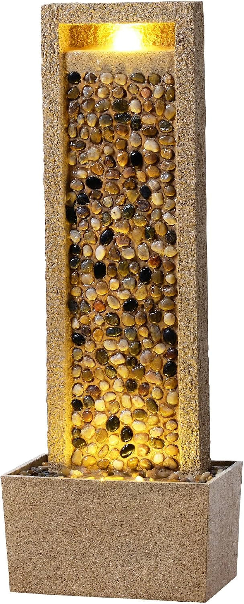 River Rocks Outdoor Water Fountain, Brown | Warm Glow Lighting, Steady Flow, Electric Pump