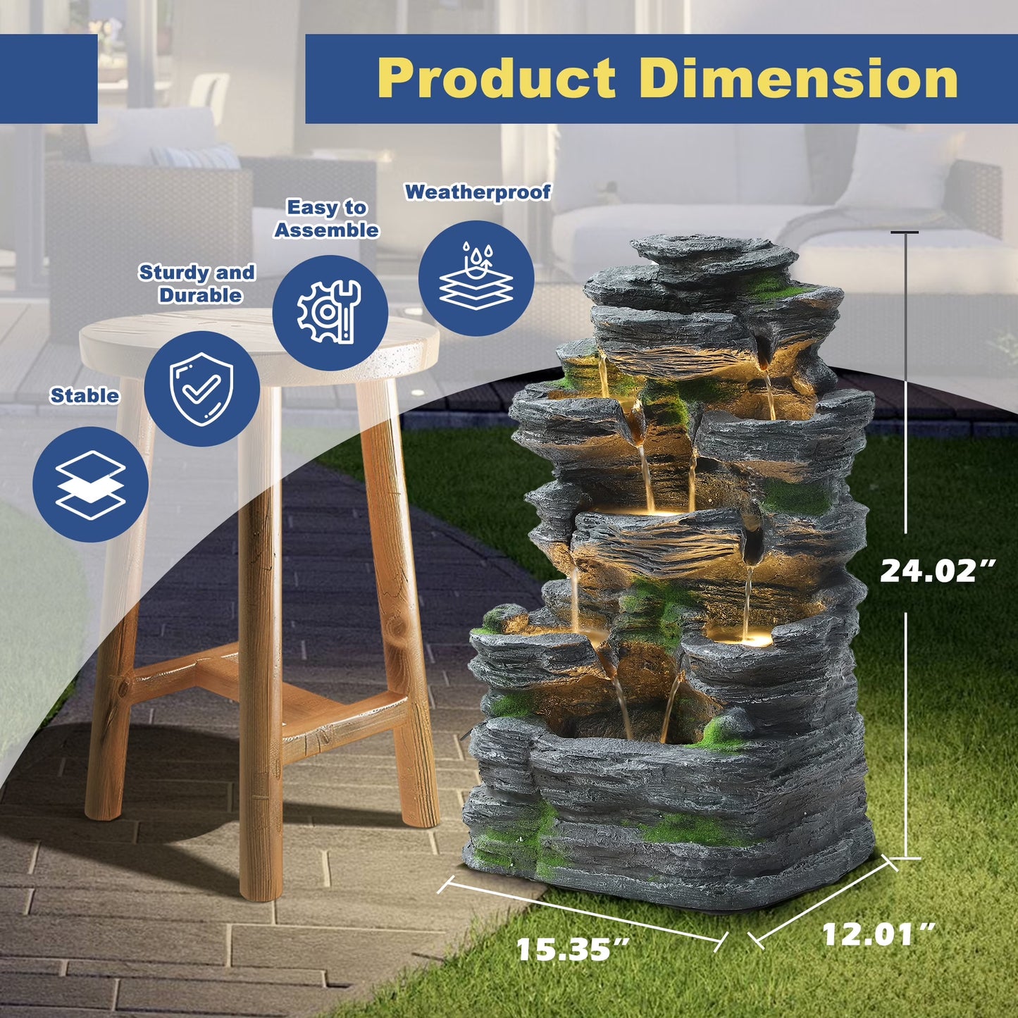 7 Tier Cascading Rock Outdoor Water Fountain, Garden Freestanding Rockery Natural Waterfall Fountains Outdoor with LED Light, Soothing Tranquility Fountains for Home Garden Yard, 24"H