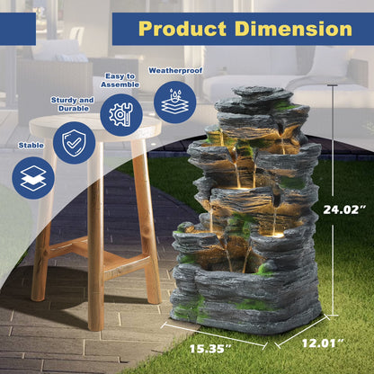 7 Tier Cascading Rock Outdoor Water Fountain, Garden Freestanding Rockery Natural Waterfall Fountains Outdoor with LED Light, Soothing Tranquility Fountains for Home Garden Yard, 24"H