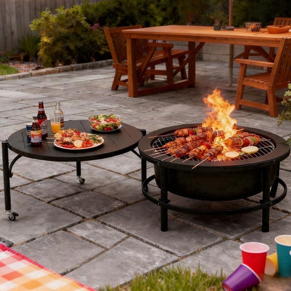 52" Fire Pits for Outside, Foldable Fire Pits with 26" Fire Stove and Table, Cold-Rolled Steel Fire Pit Tables with BBQ Net, Poker, Grill Brush and Protective Cover