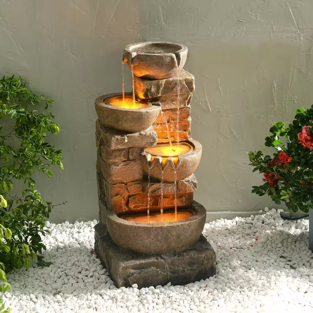 33 In. Outdoor Bowls and Stacked Stones Cascade Fountain with LED Light, Adjustable Flow and Electric Pump in Brown