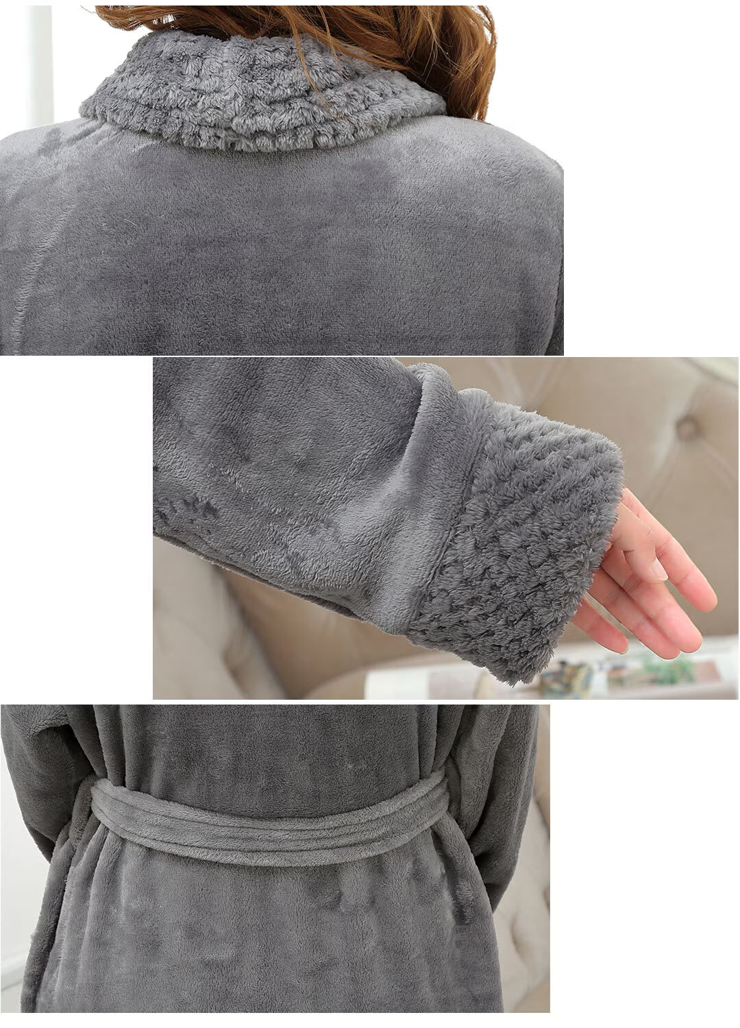 Robes for Women,  Long Womens Robes, Soft Fluffy Fleece Bath Robe with Front Pocket, Winter Warm Plush Lapel Women'S Robes, Adjustable Belt, Grey, L/XL