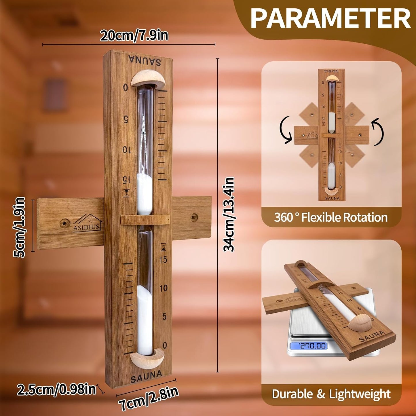 Red Cedar Sauna Timer, Wall-Mounted 360° Rotating 15 Minute Sand Timer, Sauna Accessories for Infrared Sauna, Home Sauna, Sauna Box