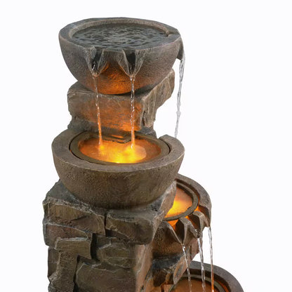 33 In. Outdoor Bowls and Stacked Stones Cascade Fountain with LED Light, Adjustable Flow and Electric Pump in Brown