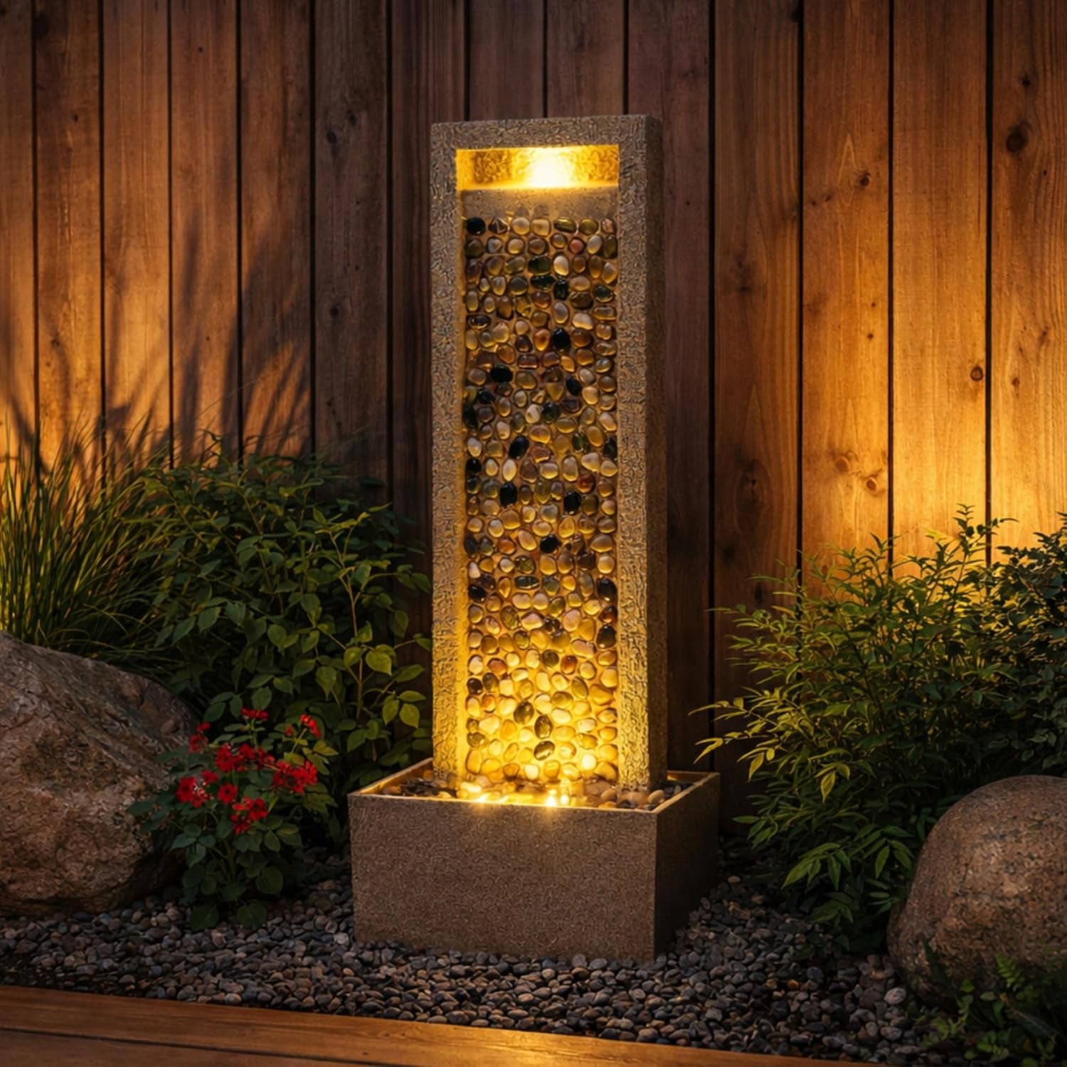 River Rocks Outdoor Water Fountain, Brown | Warm Glow Lighting, Steady Flow, Electric Pump