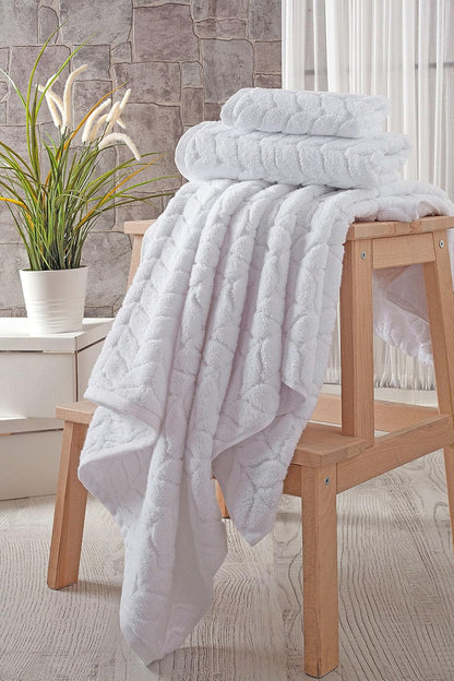 Turkish Cotton Bath Towels, Hand Towels - Soft Plush Jacquard Collection Luxury Towels Set (White, Towel Set of 6)