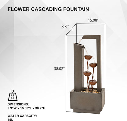 38" Tall Gray and Bronze Metal Sculptural Flower Multi-Tier Freestanding Water Fountain for Indoor & Outdoor Use, Decorative Garden Patio Backyard Water Feature