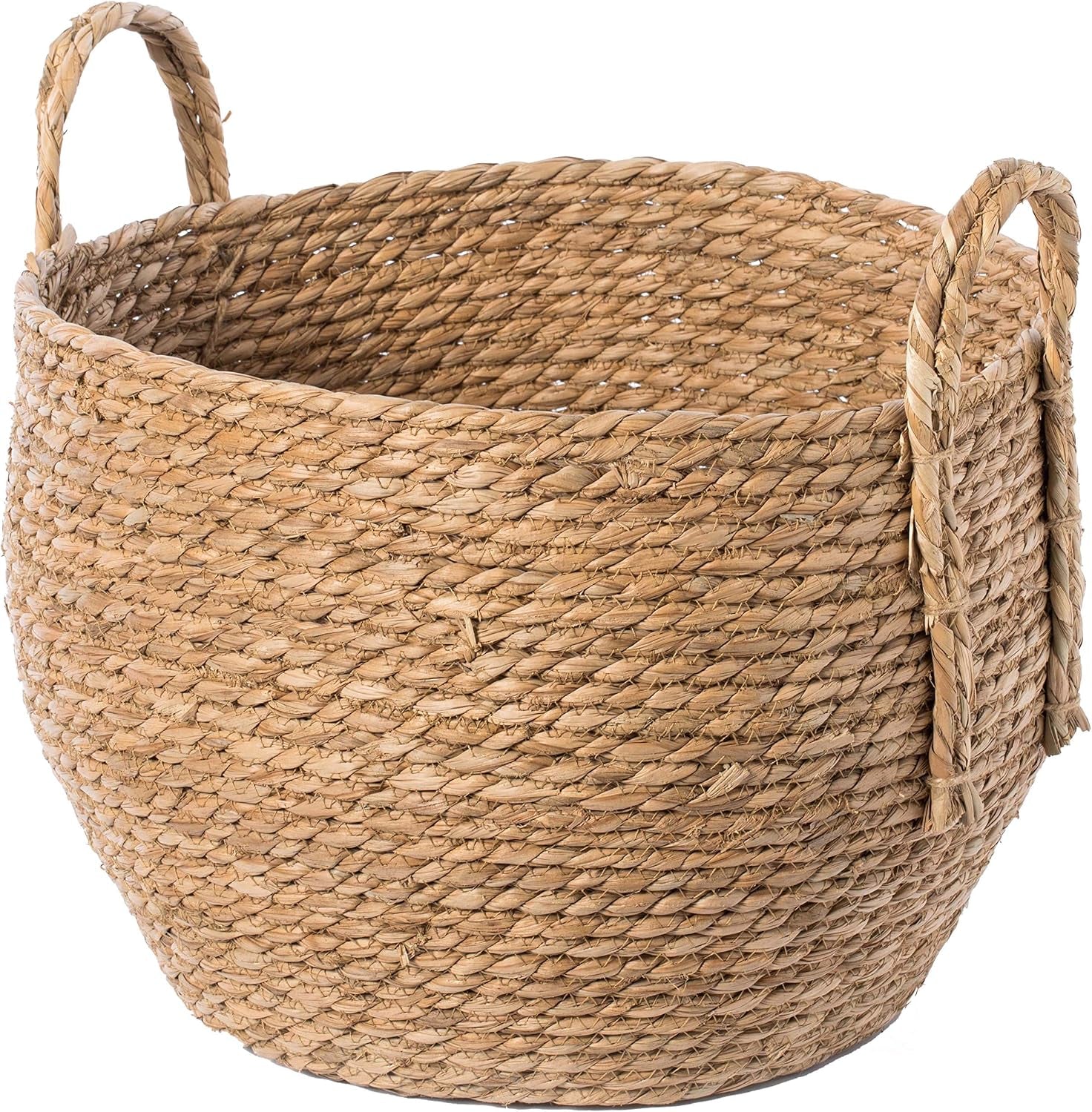 Decorative round Wicker Woven Rope Storage Blanket Basket with Braided Handles - Large