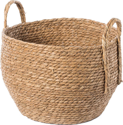 Decorative round Wicker Woven Rope Storage Blanket Basket with Braided Handles - Large