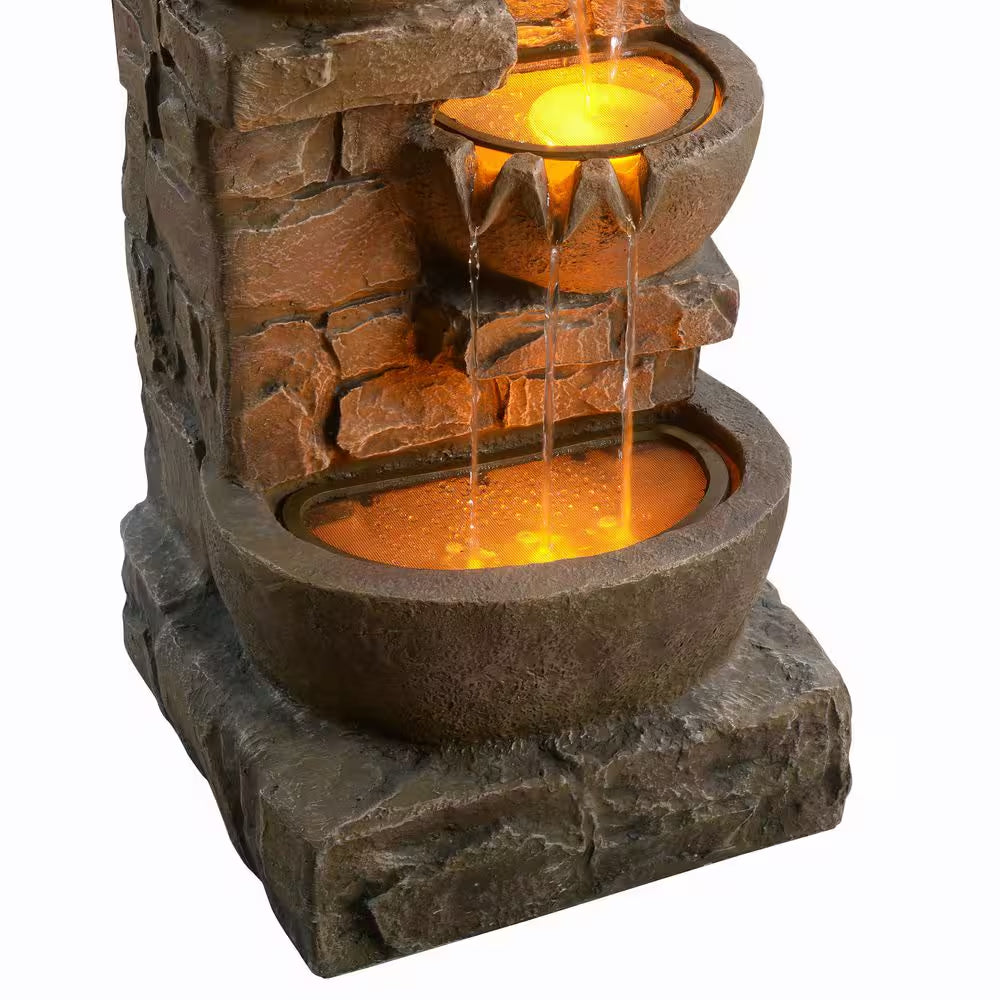 33 In. Outdoor Bowls and Stacked Stones Cascade Fountain with LED Light, Adjustable Flow and Electric Pump in Brown