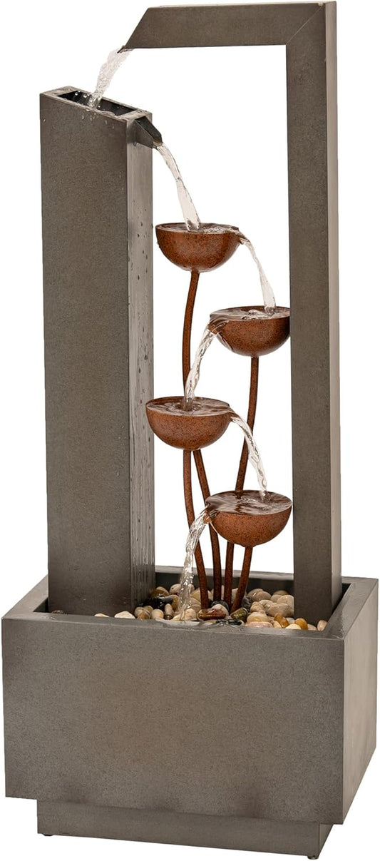 38" Tall Gray and Bronze Metal Sculptural Flower Multi-Tier Freestanding Water Fountain for Indoor & Outdoor Use, Decorative Garden Patio Backyard Water Feature