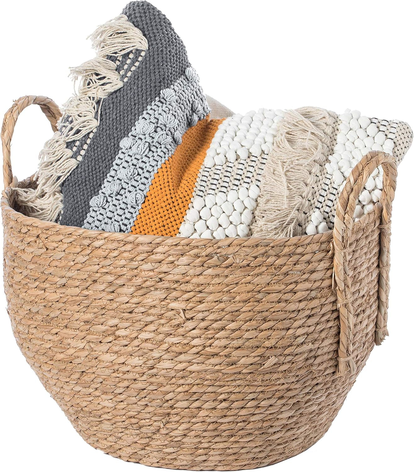 Decorative round Wicker Woven Rope Storage Blanket Basket with Braided Handles - Large