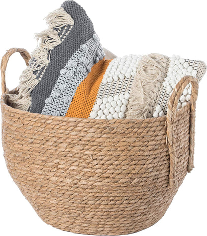Decorative round Wicker Woven Rope Storage Blanket Basket with Braided Handles - Large