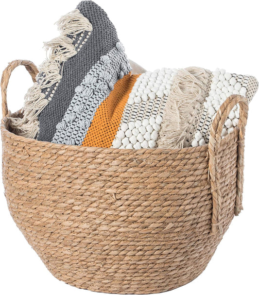 Decorative round Wicker Woven Rope Storage Blanket Basket with Braided Handles - Large