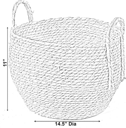 Decorative round Wicker Woven Rope Storage Blanket Basket with Braided Handles - Large