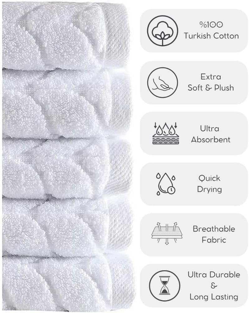 Turkish Cotton Bath Towels, Hand Towels - Soft Plush Jacquard Collection Luxury Towels Set (White, Towel Set of 3)