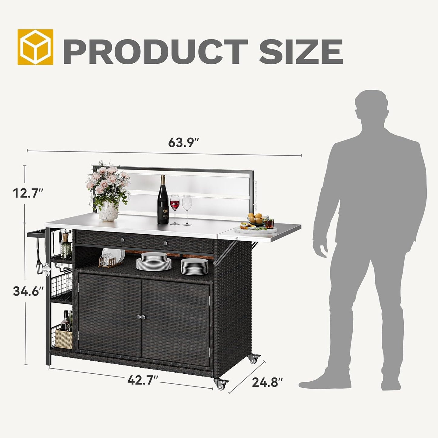 XL Outdoor Bar Table & Storage Cabinet, Wheels and Stainless Steel Extended Table Top, Patio Bar Table with Side Handle for Patio Kitchen or Bar Cart, Dark Brown