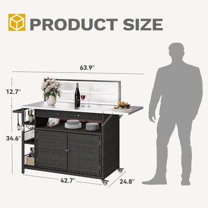 XL Outdoor Bar Table & Storage Cabinet, Wheels and Stainless Steel Extended Table Top, Patio Bar Table with Side Handle for Patio Kitchen or Bar Cart, Dark Brown