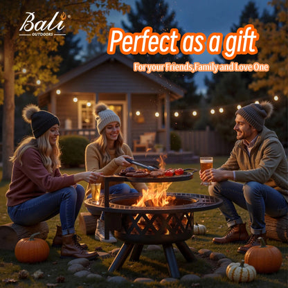 32 Inch Fire Pit with Poker, Wood Burning Fire Pit Patio for outside with Grill