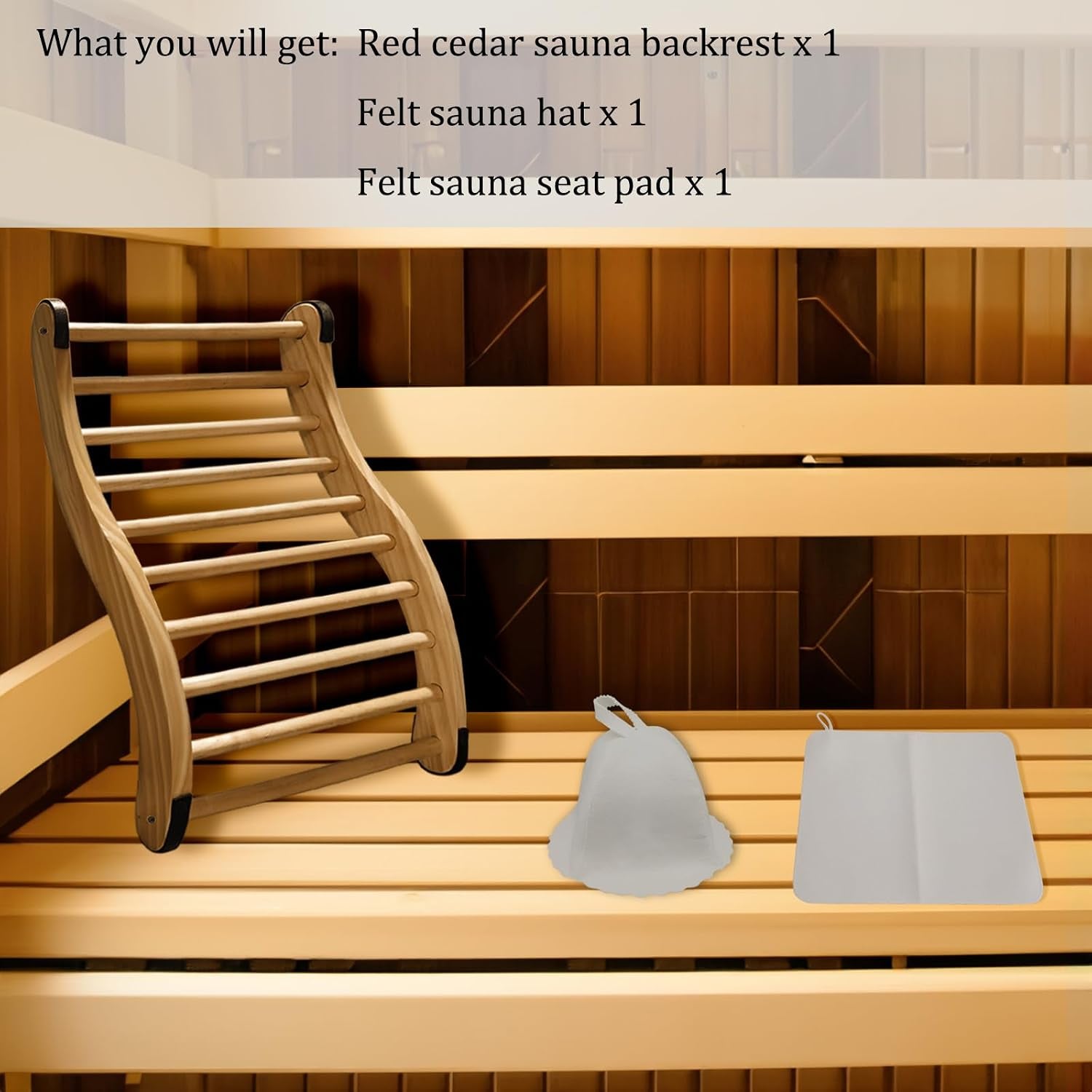 Non-Toxic Cedar Sauna Backrest for Barrel or Infrared Sauna, with Felt Sauna Hat and Seat Pad, Anti-Slip Sauna Accessory (1 Pack)