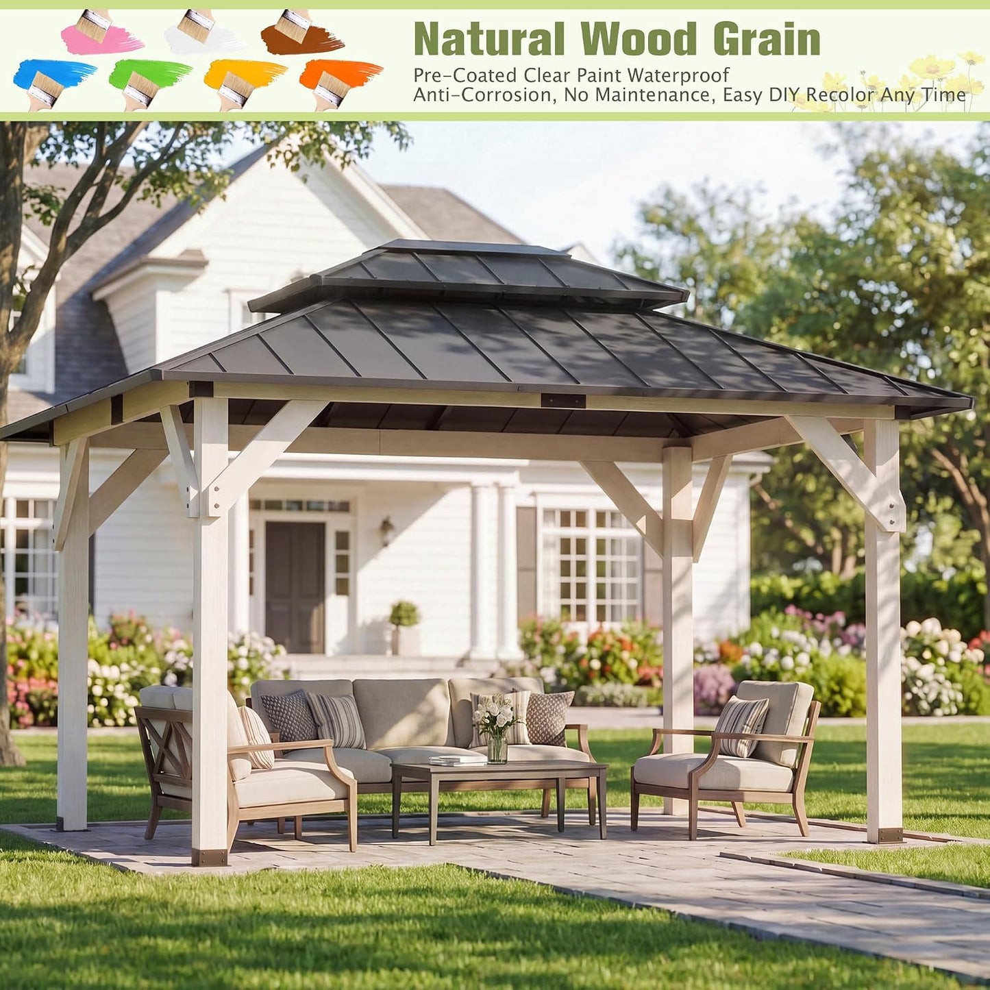 10' X 12' Wooden Gazebo,Patio Hardtop Gazebo Wood,Diy Color Permanent Pavilion with Galvanized Steel Double Metal Roof for Backyard, Deck(Windproof, Snow-Load Bearing, Waterproof, Rustproof)
