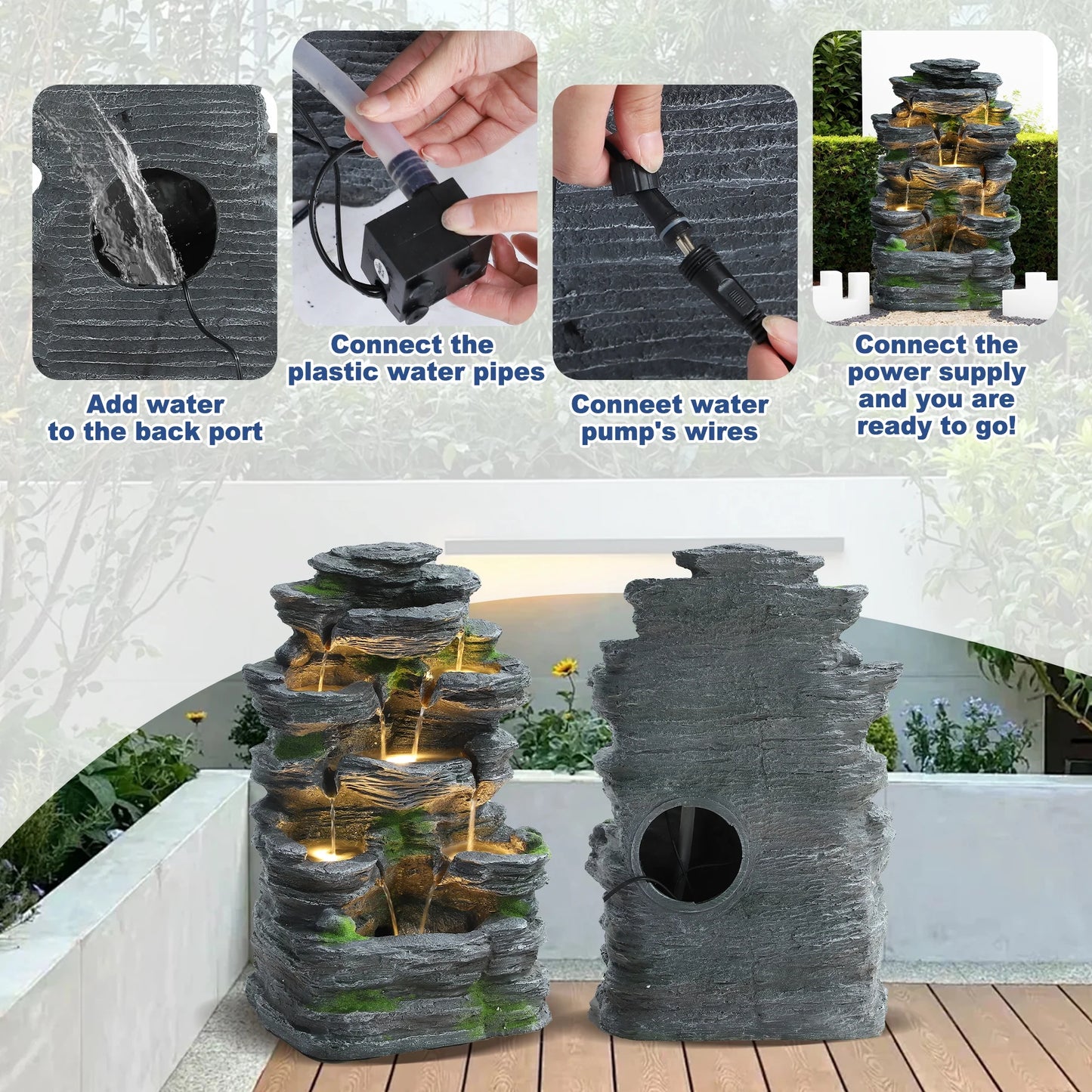 7 Tier Cascading Rock Outdoor Water Fountain, Garden Freestanding Rockery Natural Waterfall Fountains Outdoor with LED Light, Soothing Tranquility Fountains for Home Garden Yard, 24"H