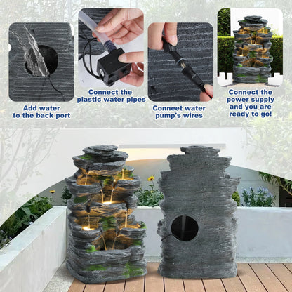 7 Tier Cascading Rock Outdoor Water Fountain, Garden Freestanding Rockery Natural Waterfall Fountains Outdoor with LED Light, Soothing Tranquility Fountains for Home Garden Yard, 24"H