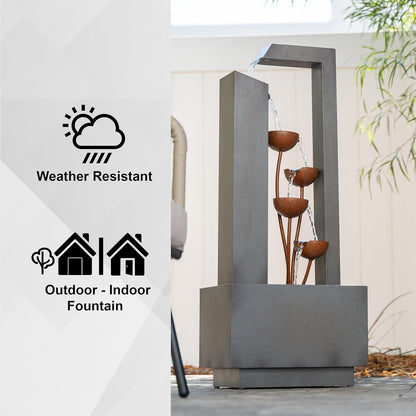 38" Tall Gray and Bronze Metal Sculptural Flower Multi-Tier Freestanding Water Fountain for Indoor & Outdoor Use, Decorative Garden Patio Backyard Water Feature