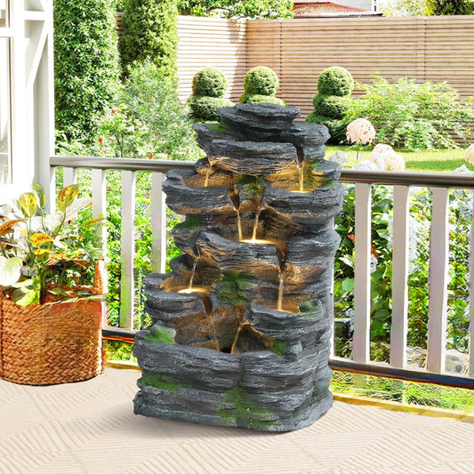 7 Tier Cascading Rock Outdoor Water Fountain, Garden Freestanding Rockery Natural Waterfall Fountains Outdoor with LED Light, Soothing Tranquility Fountains for Home Garden Yard, 24"H