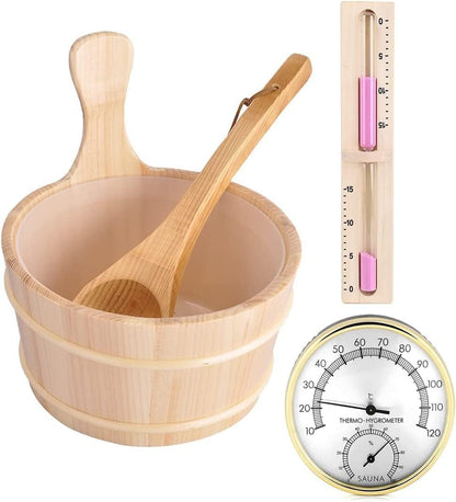 Sauna Bucket and Ladle Set,5Pcs 4L Sauna Bucket Wooden Bucket Sauna Accessories Wood Bucket Sauna Kit Cedar Sauna for Home(Sauna Bucket+Sauna Ladle+Sauna Thermometer Hygrometer+Hourglass+Attachment)