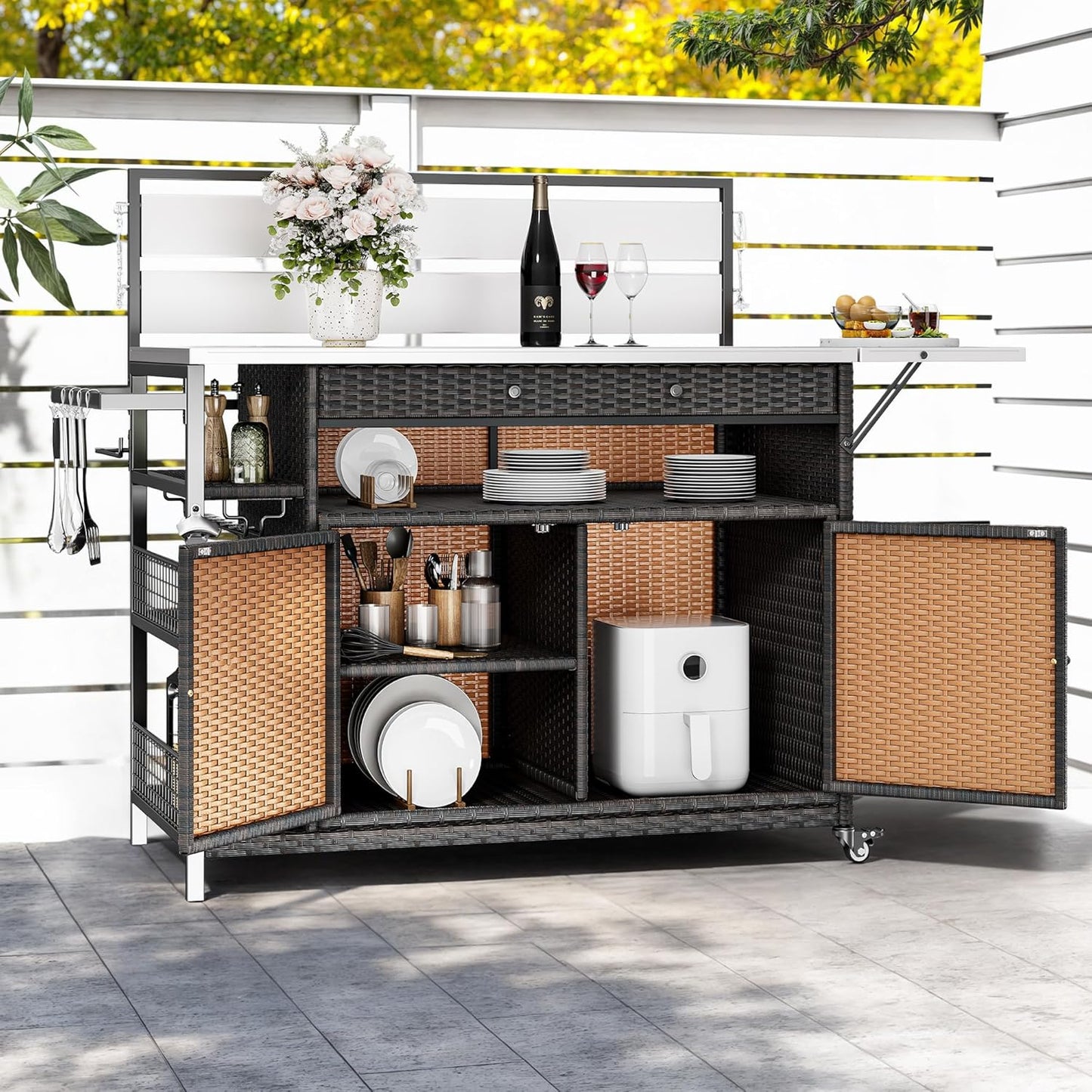 XL Outdoor Bar Table & Storage Cabinet, Wheels and Stainless Steel Extended Table Top, Patio Bar Table with Side Handle for Patio Kitchen or Bar Cart, Dark Brown