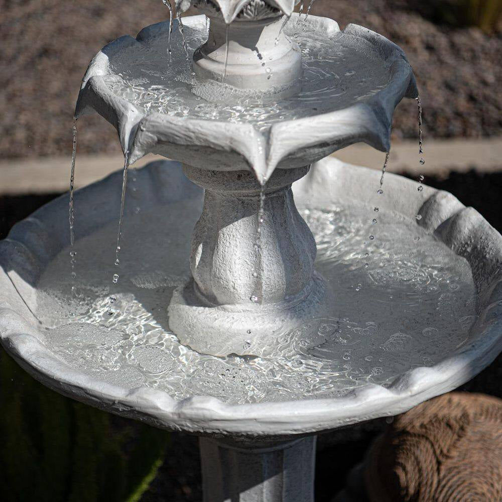44 In. H White Fiberglass/Resin 2-Tier Solar Water Fountain W/ Solar Panel and Auto-Shut off Pump