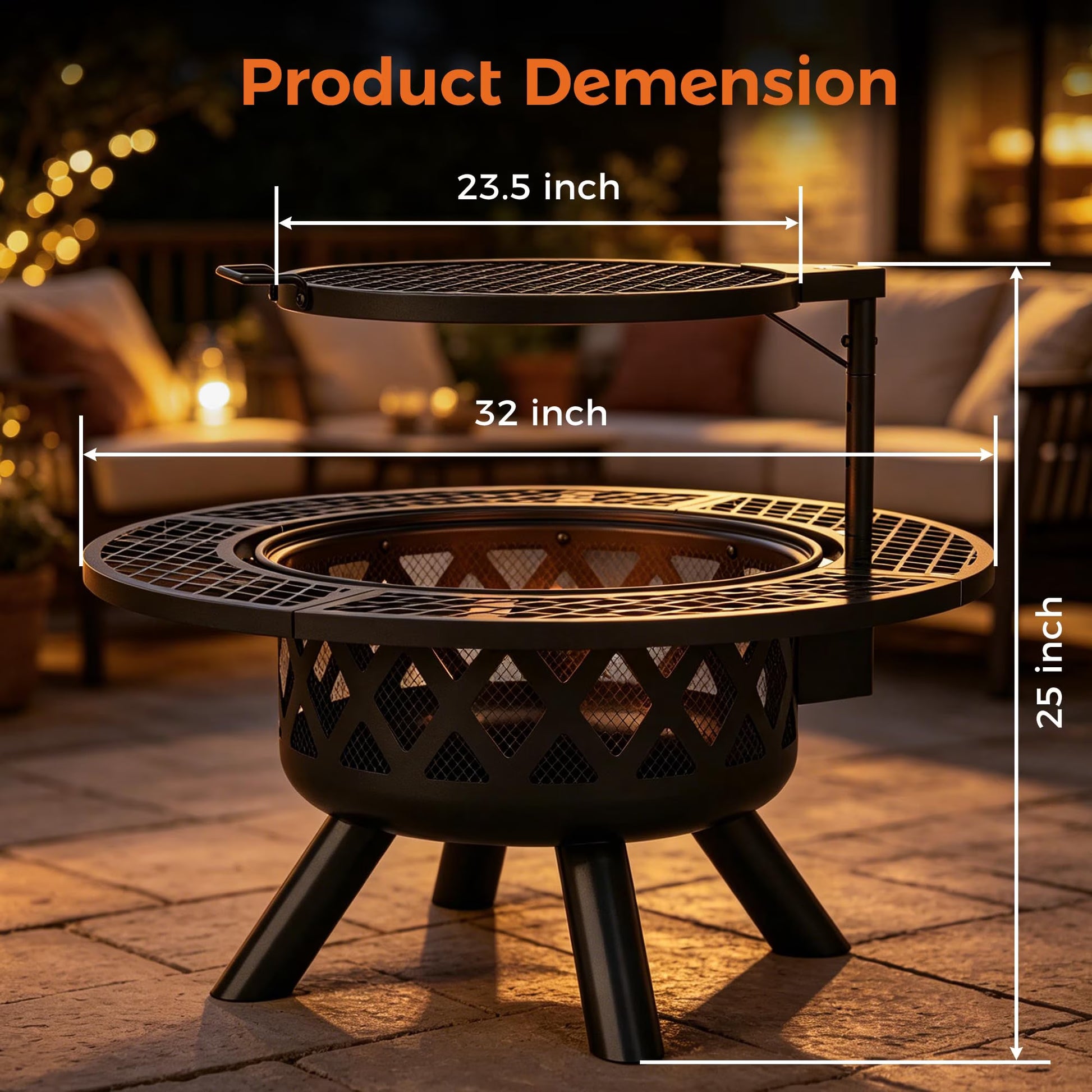 32 Inch Fire Pit with Poker, Wood Burning Fire Pit Patio for outside with Grill