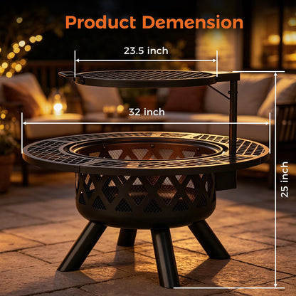 32 Inch Fire Pit with Poker, Wood Burning Fire Pit Patio for outside with Grill
