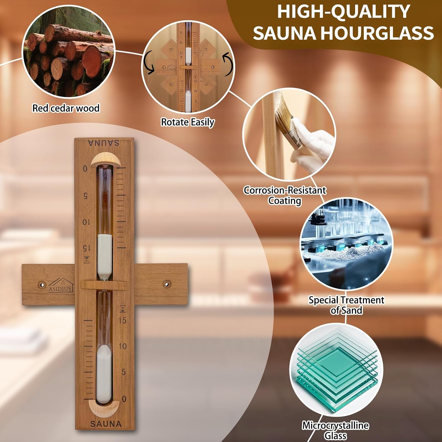 Red Cedar Sauna Timer, Wall-Mounted 360° Rotating 15 Minute Sand Timer, Sauna Accessories for Infrared Sauna, Home Sauna, Sauna Box