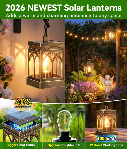 2 Pack Solar Lanterns Outdoor Waterproof, Brighter Hanging Solar Lantern Lights for Outside, Auto On/Off Lanterns Decorative Outdoor for Garden Table Yard Path Patio Lawn Decor, Gifts (Bronze)