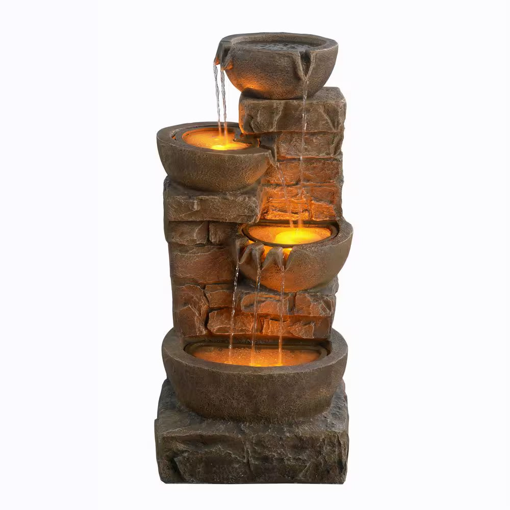 33 In. Outdoor Bowls and Stacked Stones Cascade Fountain with LED Light, Adjustable Flow and Electric Pump in Brown