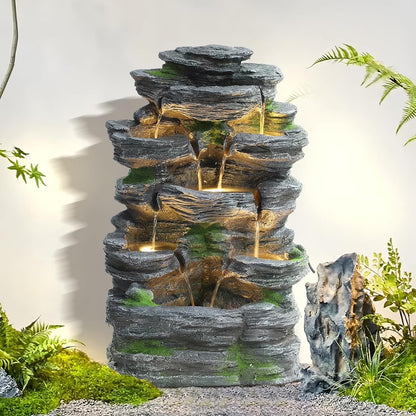 7 Tier Cascading Rock Outdoor Water Fountain, Garden Freestanding Rockery Natural Waterfall Fountains Outdoor with LED Light, Soothing Tranquility Fountains for Home Garden Yard, 24"H