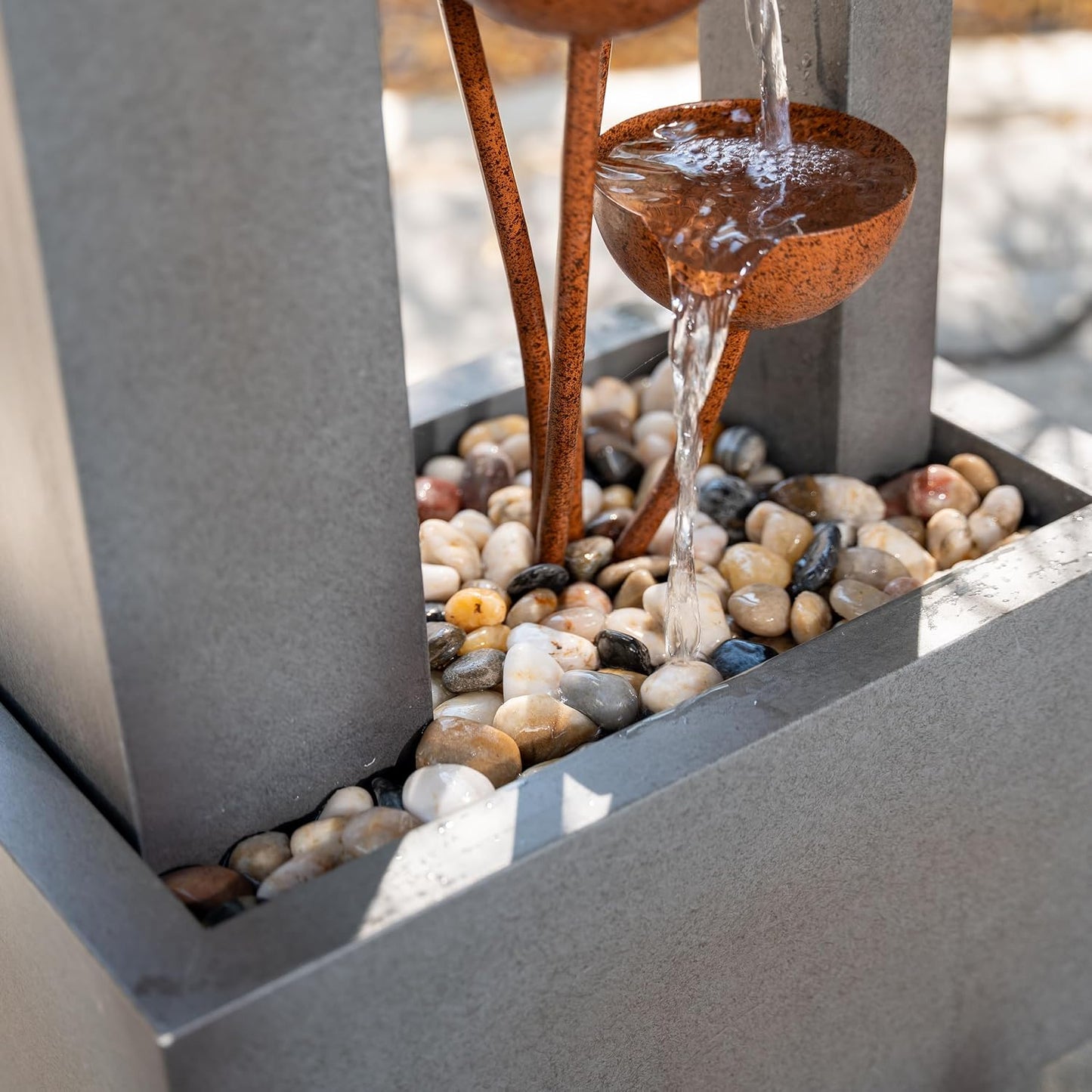38" Tall Gray and Bronze Metal Sculptural Flower Multi-Tier Freestanding Water Fountain for Indoor & Outdoor Use, Decorative Garden Patio Backyard Water Feature