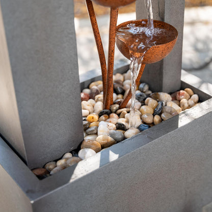 38" Tall Gray and Bronze Metal Sculptural Flower Multi-Tier Freestanding Water Fountain for Indoor & Outdoor Use, Decorative Garden Patio Backyard Water Feature