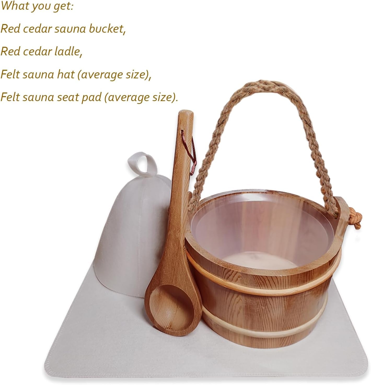 Red Cedar Large Sauna Bucket with Ladle, with Sauna Hat and Seat Pad, Sauna Wooden Water Bucket 6L (1.6 Gallons) with Plastic Liner for Sauna Room Sauna Heater Sauna Accessory