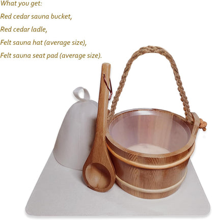 Red Cedar Large Sauna Bucket with Ladle, with Sauna Hat and Seat Pad, Sauna Wooden Water Bucket 6L (1.6 Gallons) with Plastic Liner for Sauna Room Sauna Heater Sauna Accessory